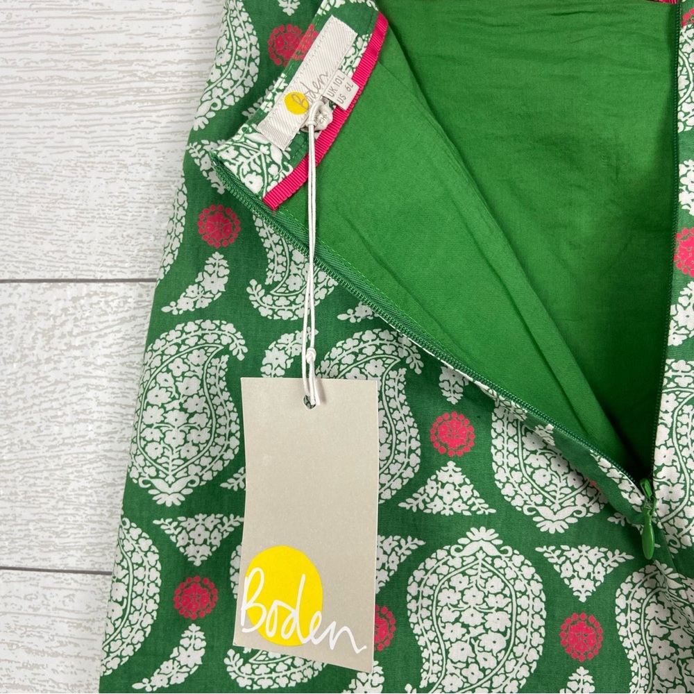 NWT BODEN Cotton ALine Skirt Pockets Green Paisley Print White Pink Lined 6 Long - Picture 2 of 3